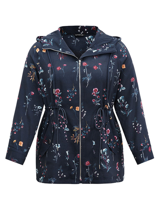 Plants Drawstring Hooded Zipper Jacket
