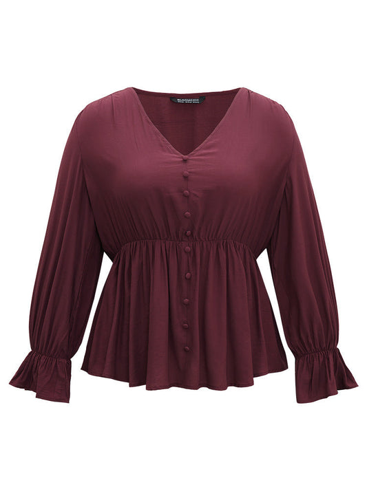 Button Detail Ruffle Trim Blouse