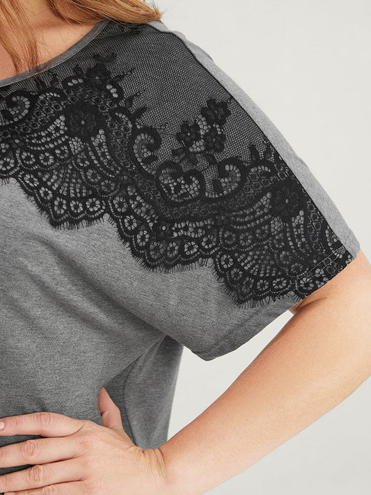 Plain Crew Neck Lace Dolman Sleeve T-shirt