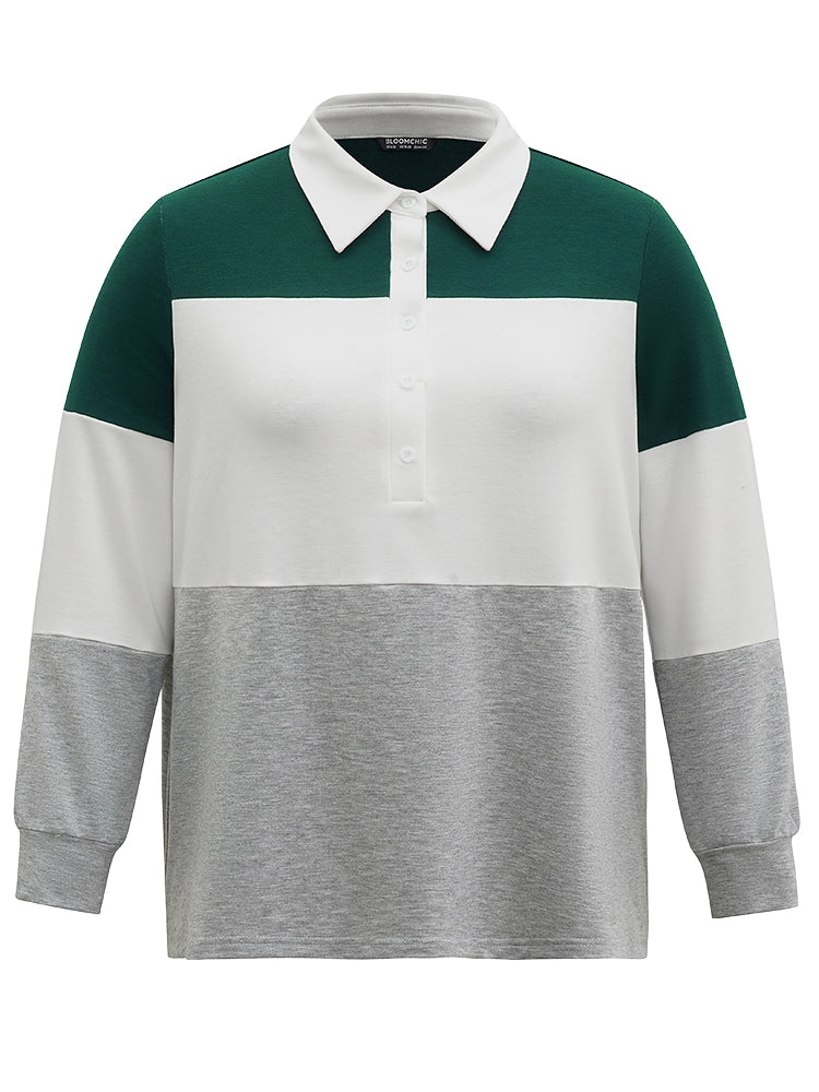 Colorblock Contrast Button Up Polo Sweatshirt