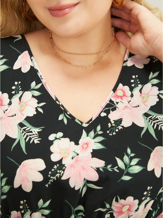 Floral Flutter Hem Belted Pocket Contrast Lace Cap Sleeve Dress