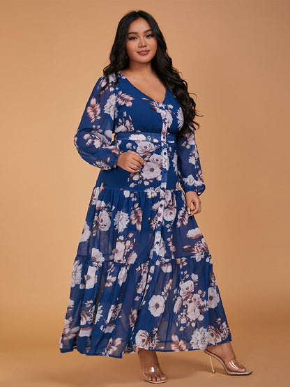 Floral Print Button Ruffle Hem Dress