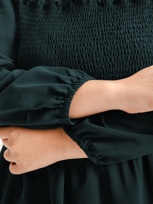 Solid Lantern Sleeve Shirred Ruffles Blouse