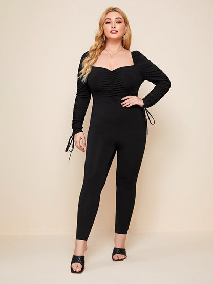 Ruched Front Drawstring Sleeve Jumpsuit