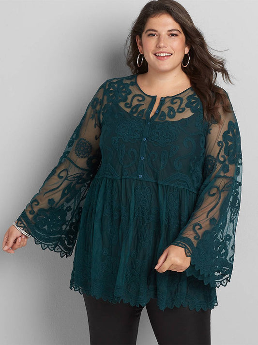 Lace Patchwork Henley Collar Blouse