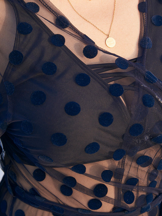 Polka Dot Mesh Lantern Sleeve Open Front Belted Cover Up