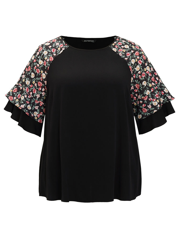 Ditsy Floral Layered Raglan Sleeve Blouse