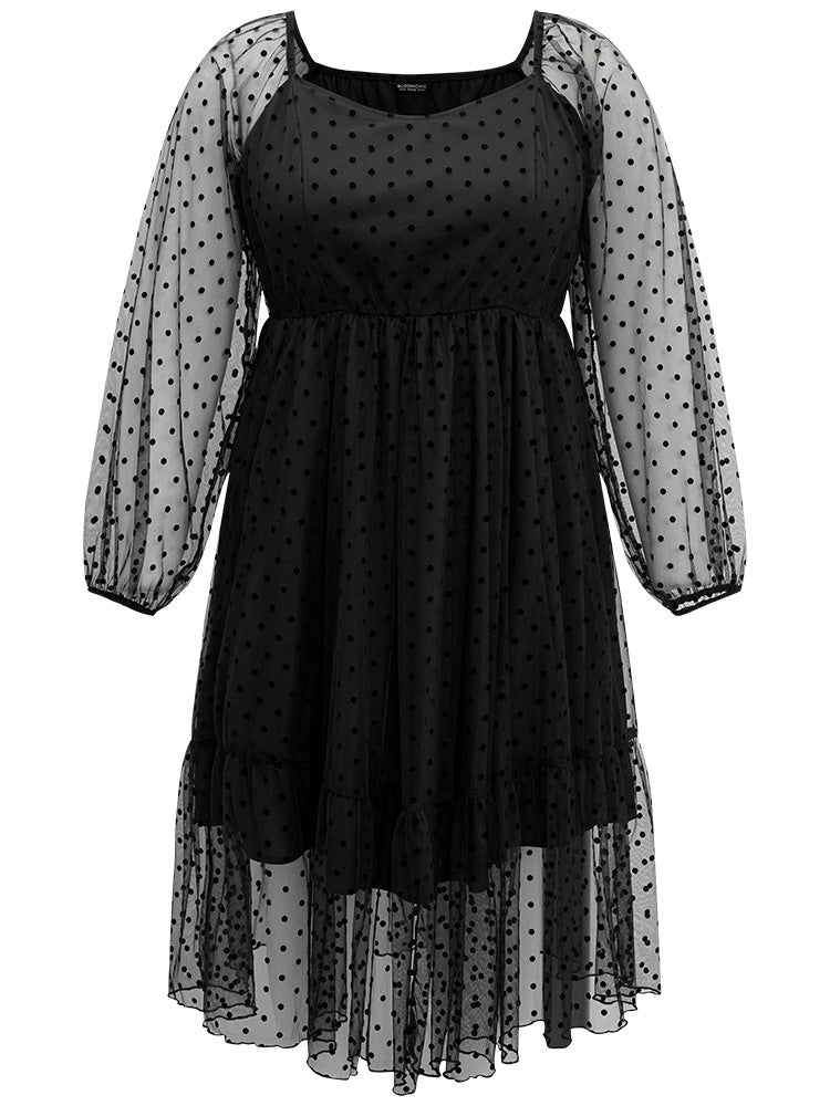 Polka Dot Mesh Pocket Square Neck Dress