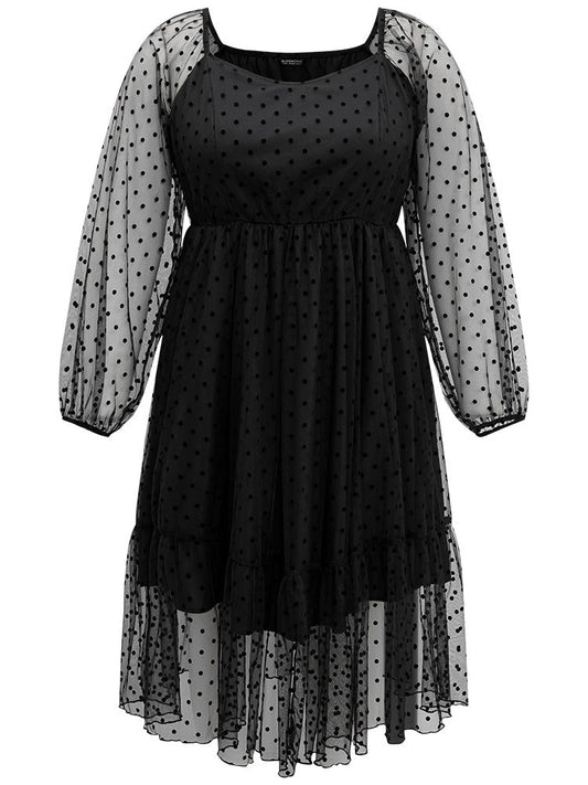 Polka Dot Mesh Pocket Square Neck Dress