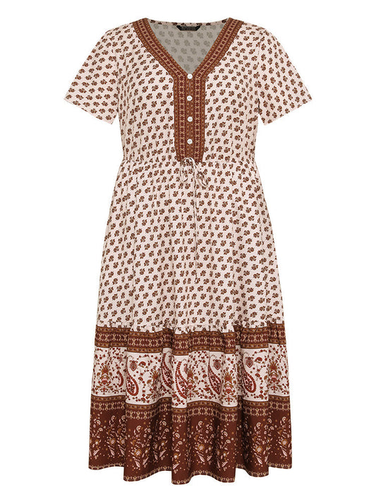 Bandana Button Detail Flutter Hem Pocket Knot Dress