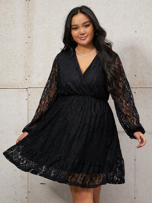 Surplice Neck Lace Sheer Bodycon Dress