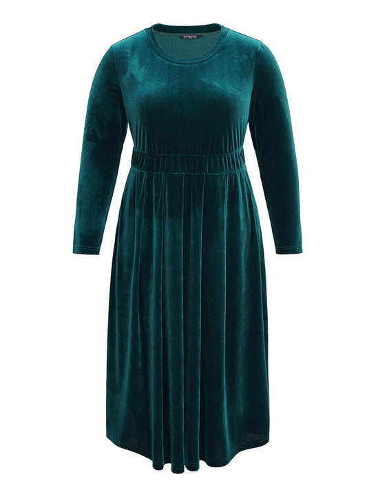 Velvet Plain Pocket Pleated Hem Dress