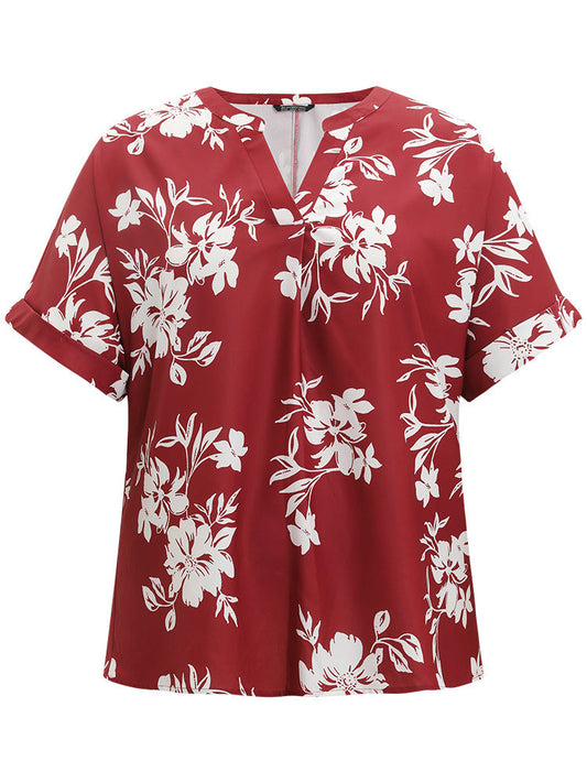 Silhouette Floral Print Notched Roll Sleeve Blouse