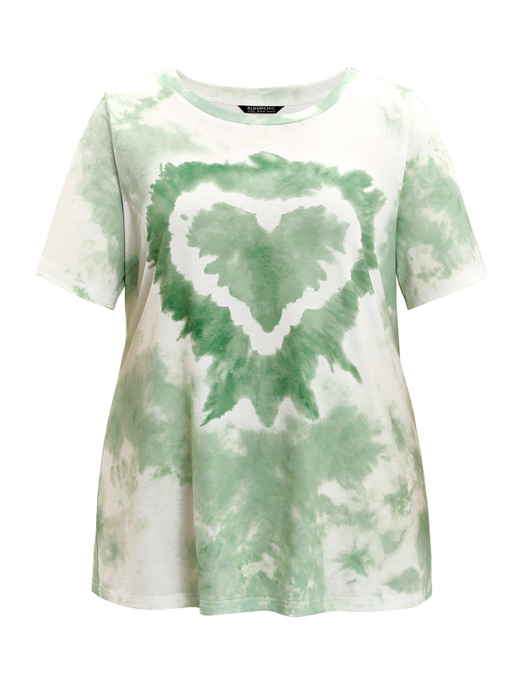 Heart Print Crew Neck Tie Dye T-shirt