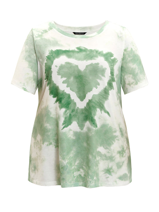 Heart Print Crew Neck Tie Dye T-shirt