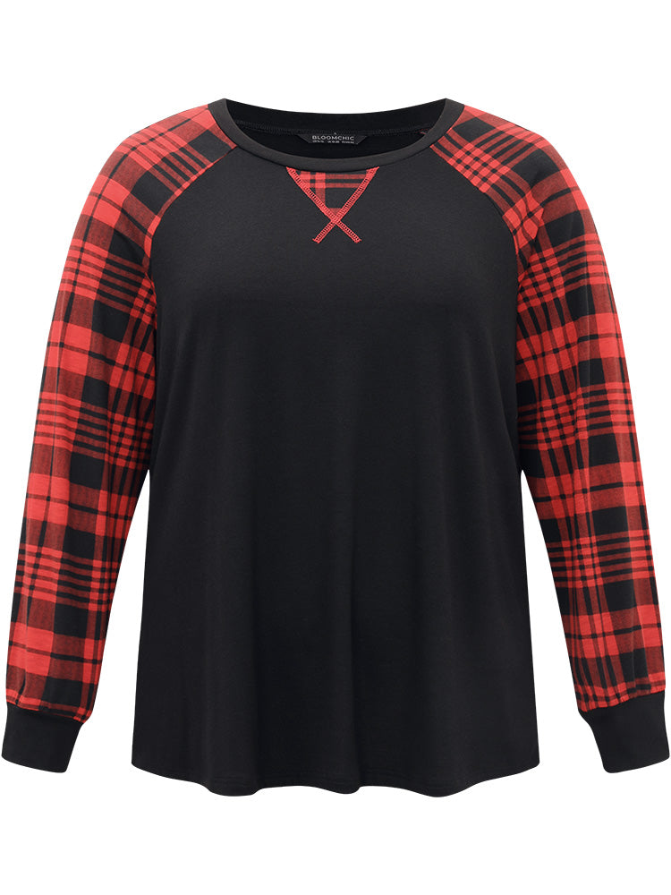 Plaid Contrast Stitch Raglan Sleeve T-shirt
