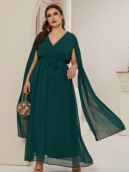 Split Sleeve Belt V-neck Maxi Dress
