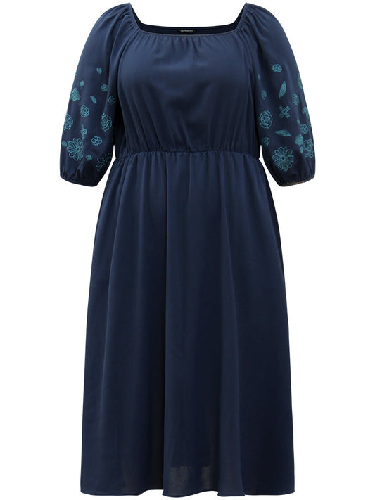 Floral Embroidered Pocket Square Neck Lantern Sleeve Dress