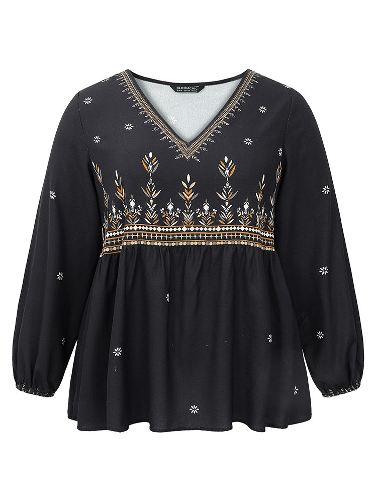 Boho Print Lantern Sleeve Gathered Blouse