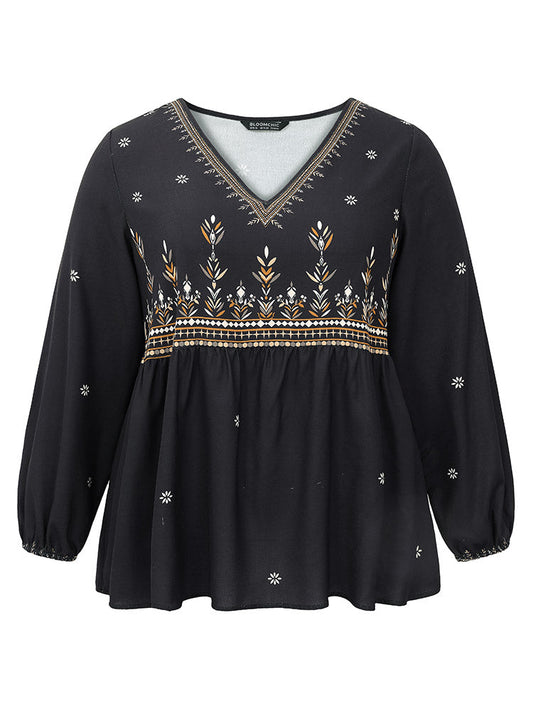 Boho Print Lantern Sleeve Gathered Blouse