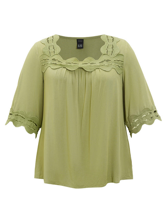 Plain Guipure Lace Flounce Sleeve Square Neck Blouse