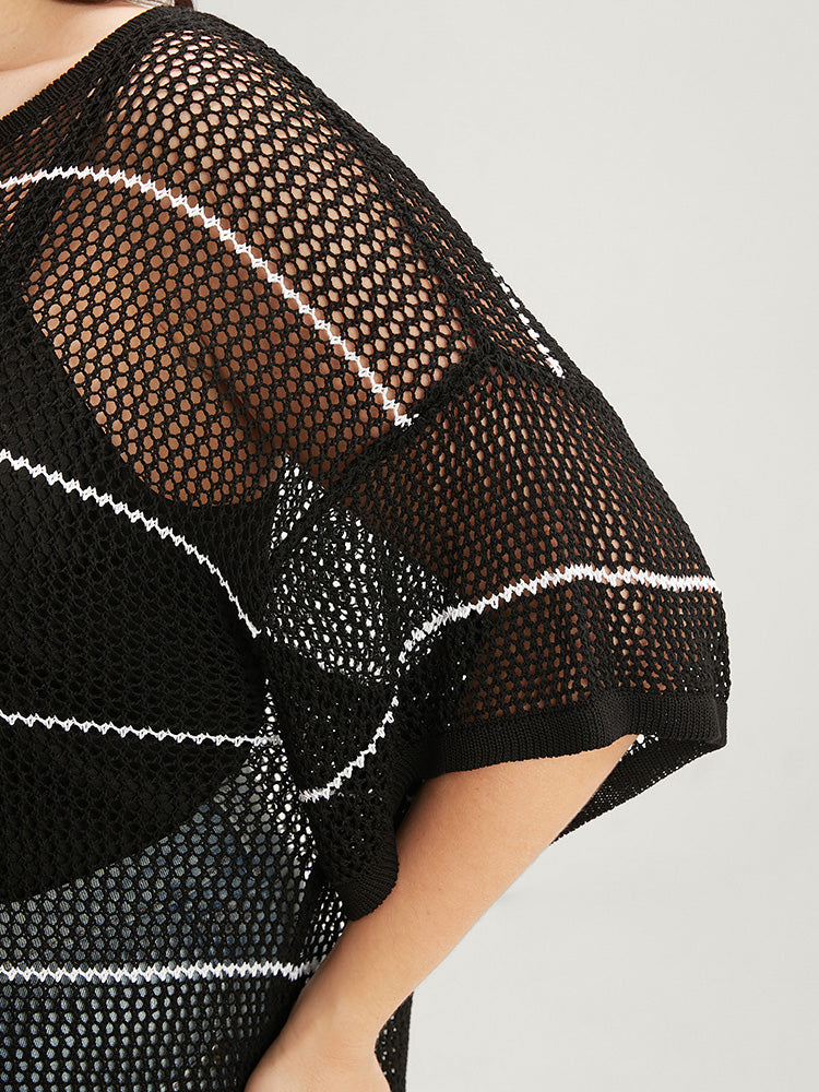 Striped Contrast Cut Out Round Neck Knit Top