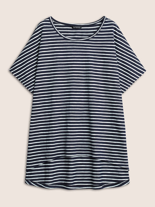 Striped Dolman Sleeve Curved Hem T-shirt