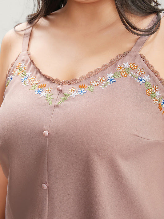 Floral Embroidered Button Detail Lace Trim Cami Top