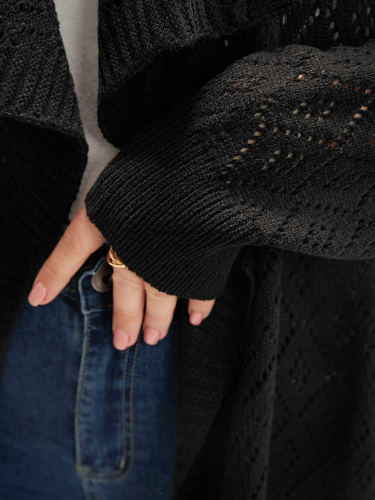 Plain Pointelle Knit Argyle Eyelet Asymmetrical Open Front Cardigan