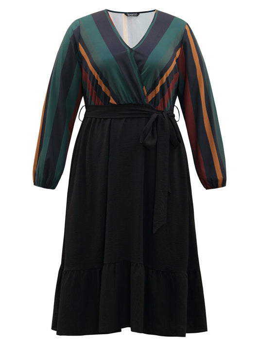 Striped Patchwork Belted Wrap Dress