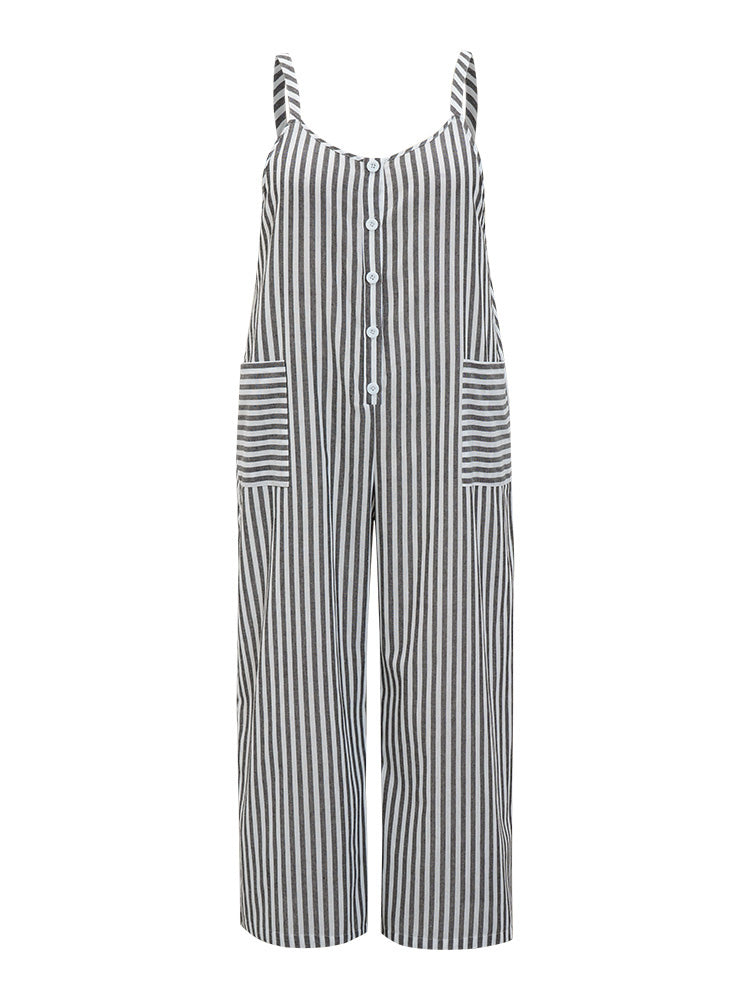 Striped Pocket Button Up Adjustable Straps Cami Jumpsuit