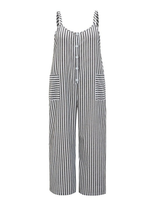 Striped Pocket Button Up Adjustable Straps Cami Jumpsuit