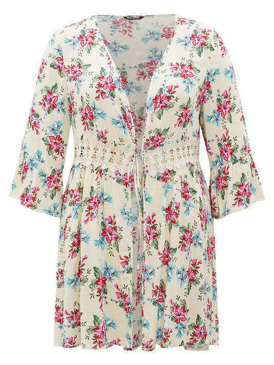 Floral Print Open Front Knot Guipure Lace Ruffles Kimono