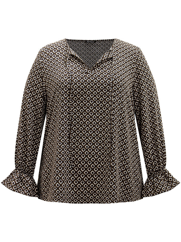 Geometric Knot Neck Flutter Trim Blouse