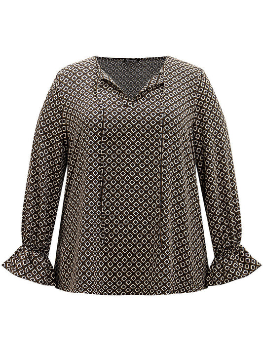 Geometric Knot Neck Flutter Trim Blouse