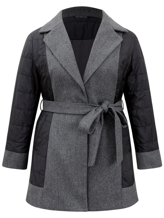Padded Patchwork Tweed Belted Lapel Collar Coat