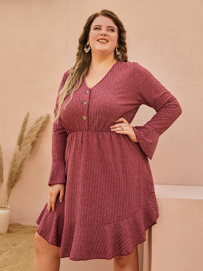 V-Neck Ruffle Button Dress