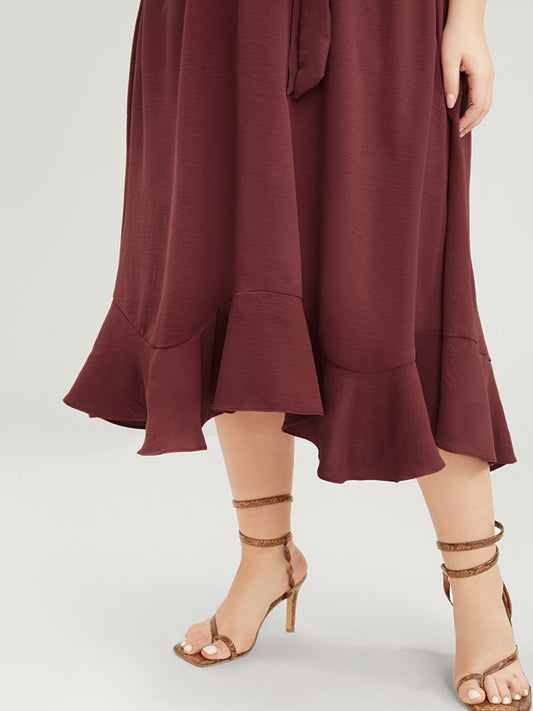 Plain Wrap Pocket Belted Ruffle Hem Dress