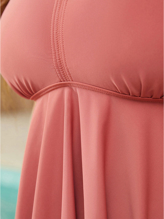 Ruffle Hem V Neck Crisscross Back Tankini Top