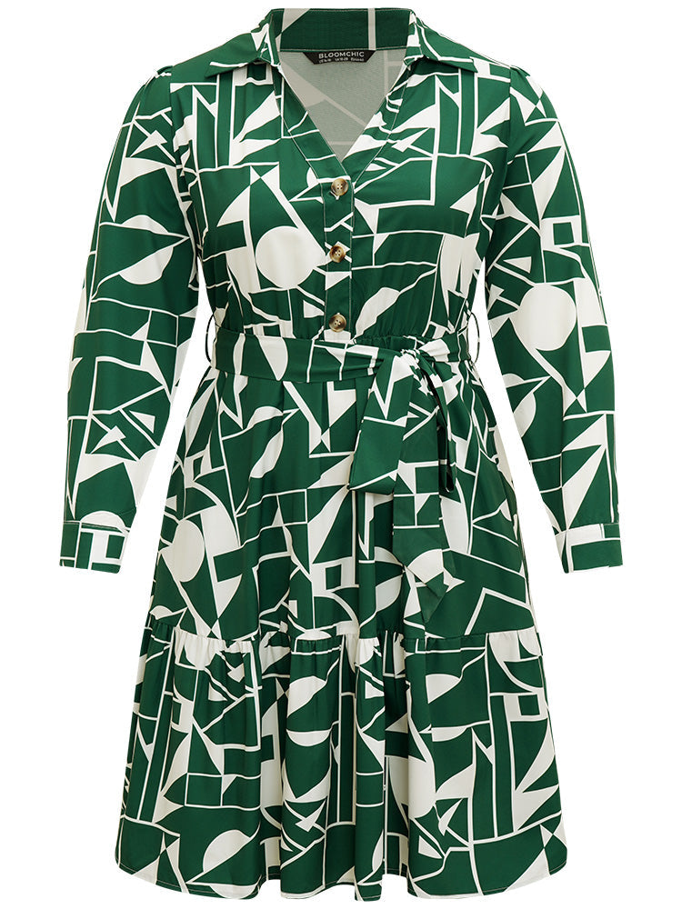 Geometric Shirt Collar Belted Pocket Flutter Dress