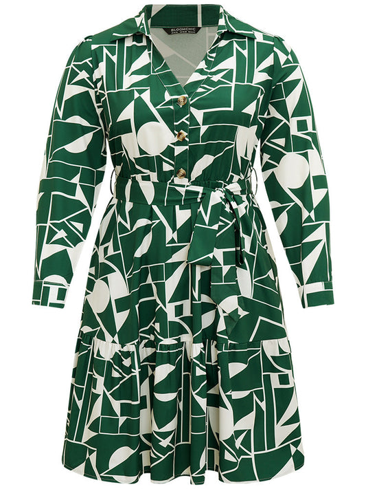 Geometric Shirt Collar Belted Pocket Flutter Dress