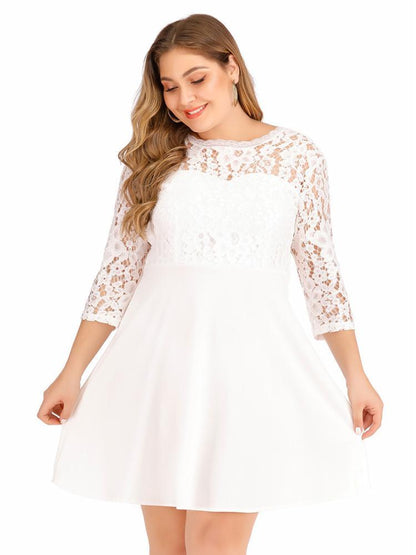 Lace Patchwork Round Neck  Backless Dress