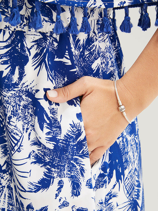 Floral Print Tassels Trim Pocket Flutter Hem Cold Shoulder Dress