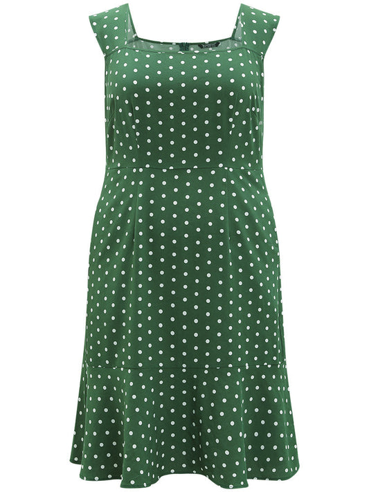 Polka Dot Ruffle Hem Pocket Square Neck Sleeveless Dress