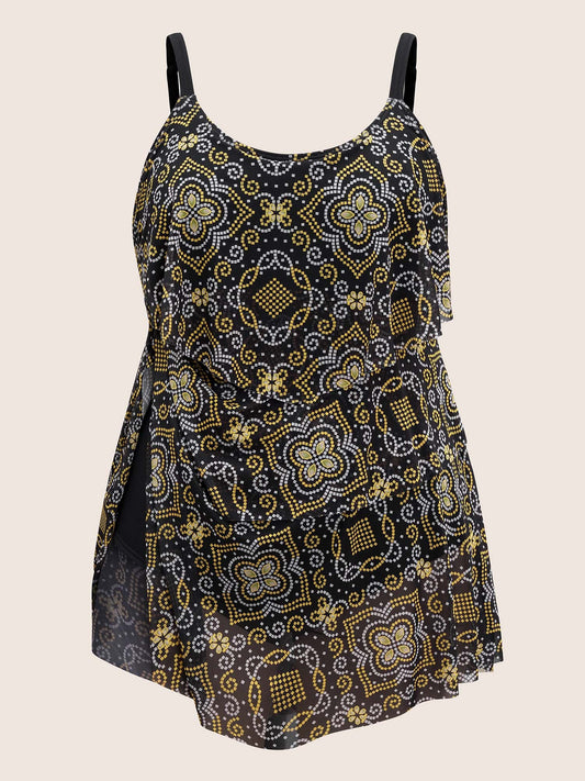 Moroccan Print Mesh Adjustable Straps Swim Dress