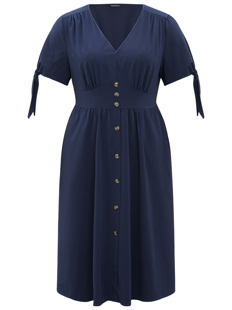 Plain Pocket Button Detail V Neck Plicated Knot Dress