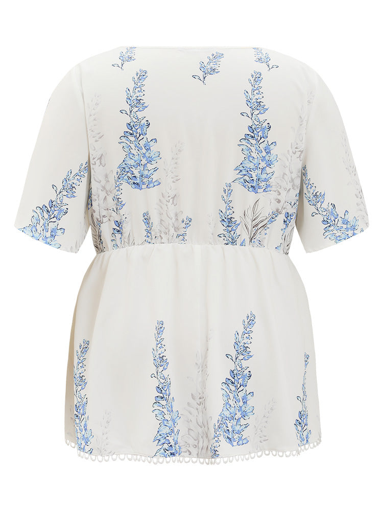 Plant Print Crew Neck Flutter Hem Blouse