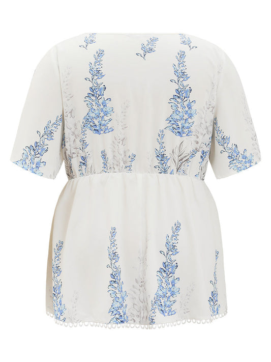 Plant Print Crew Neck Flutter Hem Blouse