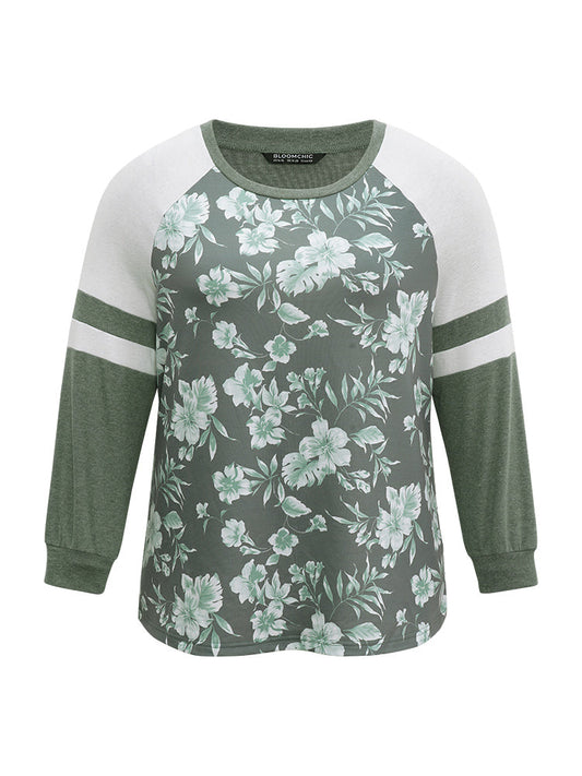 Floral Contrast Crew Neck Raglan Sleeve Sweatshirt