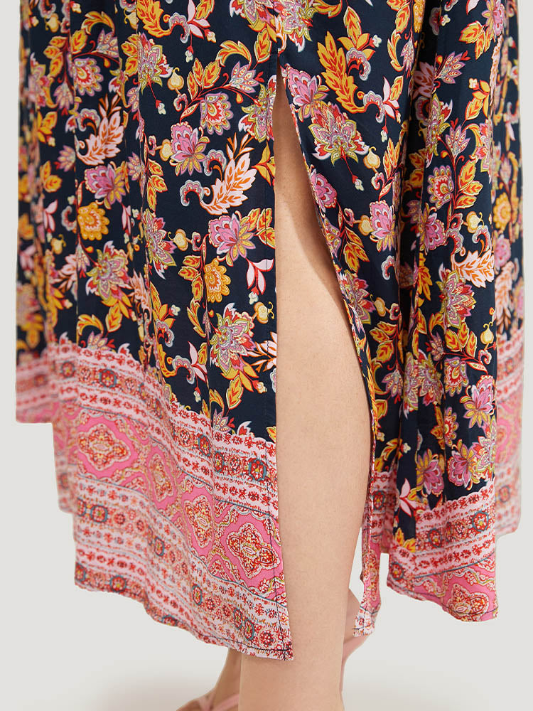 Bandana Print Batwing Sleeve Pocket Shirred Split Hem Dress